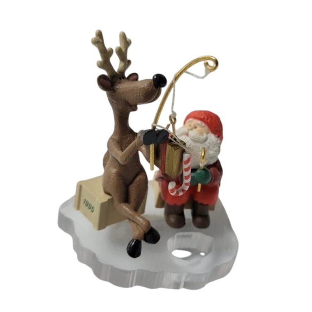 Vintage 1995 Hallmark Keepsake Ice "Fishing for Fun" Santa Reindeer Ornament Box